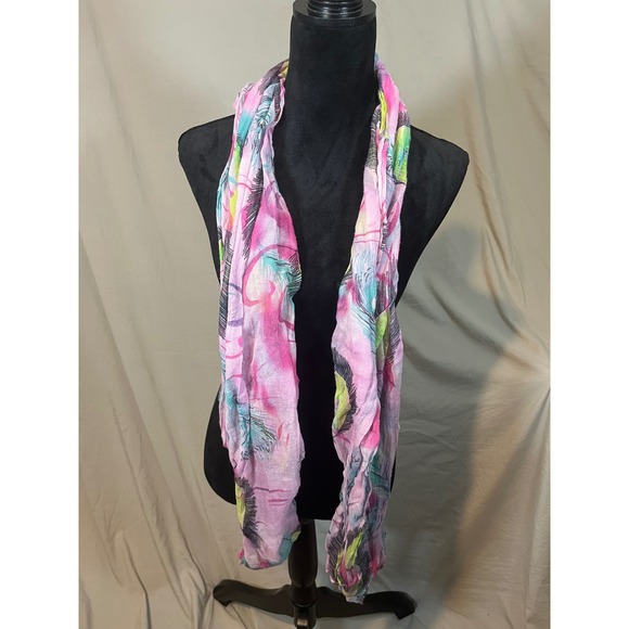 Pink Abstract Feather Print Lightweight Gauze Scarf Rectangular Wrap Multi Color - Picture 2 of 5